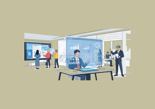 Vector Ilustration Flat Design Idea Man Interacting with Futuristic Holographic Display in Modern Office.