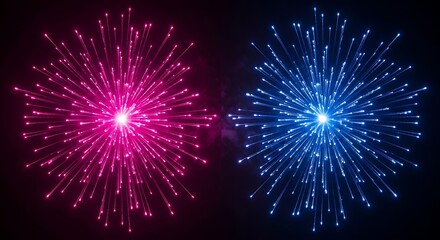 Fototapeta premium Two glowing, symmetrical starburst patterns, one pink, one blue, against a dark void