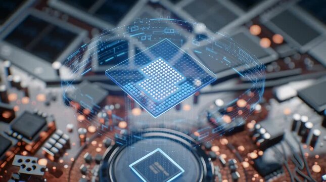 Futuristic quantum processor assembly, close-up of hands placing glowing chip high-tech computing core, floating holographic schematics guiding movements, intricate micro circuits, reflective metallic