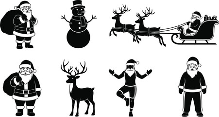 Christmas Santa Claus silhouettes, festive reindeer sleigh, snowman with hat and scarf, holiday celebration icons, winter season vector illustration, black and white design © MOSTSUMAIYA