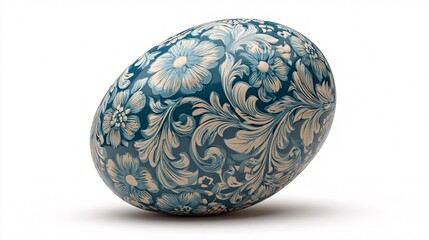 Intricately Patterned Blue and White Decorative Easter Egg on White Background
