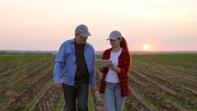 two farmers work field handshakemachinery road insurance wealth digital horizon slow pc cereal view garden labor sky worker inspect, corporate sunset, work tablet agriculture, hand sun farming farm