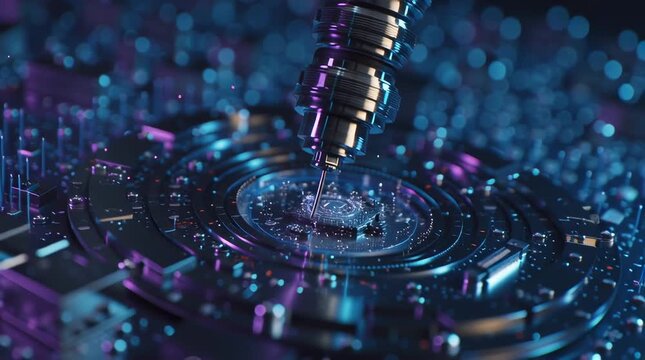 Macro cinematic close-up nano-robotic probe repairing a quantum computer chip, glowing quantum circuit pathways, holographic data projections floating above metallic silicon textures, futuristic labor