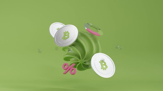 3D animation of a rotating silver Bitcoins with intricate geometric elements on a sleek green background. Cryptocurrency investment and digital finance concept for fintech presentations