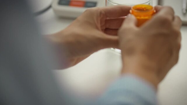 Woman follows her daily health routine, opening an orange pill bottle to retrieve vitamins as part of her home self-medication care. She adheres to a regular regimen for maintaining overall well-being
