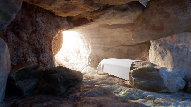 Entrance of empty tomb, representing the resurrection of Jesus. Divine resurrection, spiritual rebirth, biblical scene, Easter concept