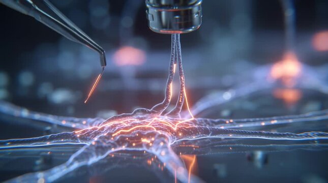 Macro shot nano-robots integrating living neurons microchip circuits, glowing bio-electric pathways, precision tweezers manipulating translucent neuron fibers silicon organic material, futuristic lab