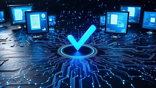 Digital network with checkmark