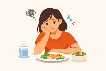 Sad Woman Feeling Stressed and Having No Appetite for Her New Healthy Diet Food, Flat Vector Illustration of a Girl Struggling with Weight Loss, Healthy Eating Habits, and Mental Health Issues.