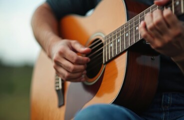 Obraz premium Man plays acoustic guitar outdoors. Close-up on hands strumming strings on fretboard. Casual musician enjoying folk music. Casual denim wear and relaxed vibe.