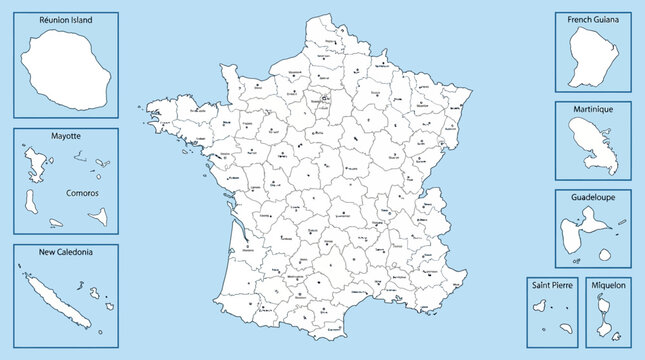 Detailed Outline Map of France and Overseas Territories with Administrative Departments and Region Insets