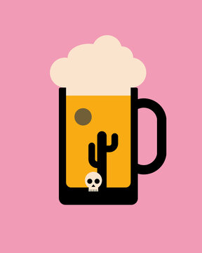Surreal beer mug with desert scene and skull