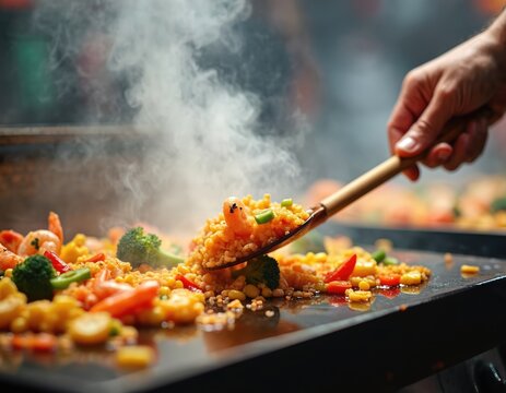 Chef cooks shrimp fried rice with vegetables on a hot griddle outdoors. Steam rises from the savory dish. Food sizzles as it is prepared for a meal.