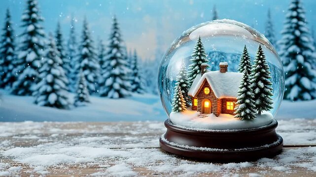 Snow globe with cabin in snowy forest