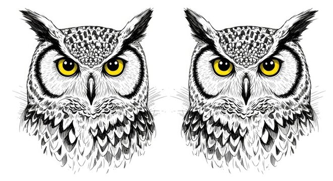 Pair of detailed owl illustrations on white background for wildlife concepts