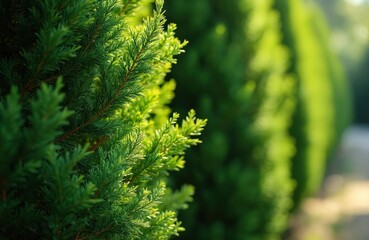 Fototapeta premium Closeup of green thuja tree branches. Evergreen conifer hedge in sunlight creates natural garden wall. Lush foliage texture, soft bokeh background.