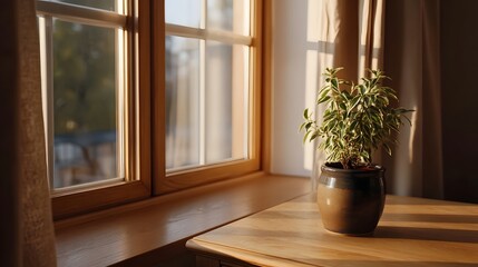 Fototapeta premium A potted green plant sits on a wooden table by a sunlit window casting gentle shadows indoors