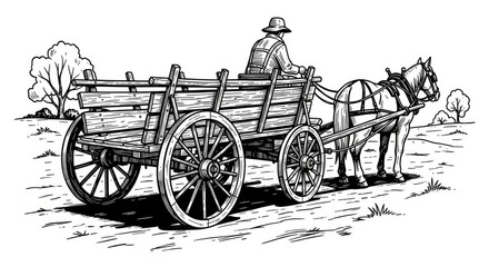 Fototapeta premium Man driving horse drawn cart in rural landscape black and white illustration