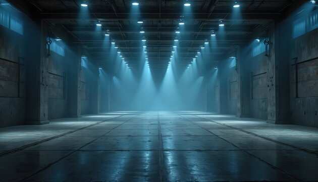 Vast empty industrial warehouse interior with blue light beams from ceiling spotlights. Concrete floor and walls create a dramatic atmospheric setting. Space for events or storage.