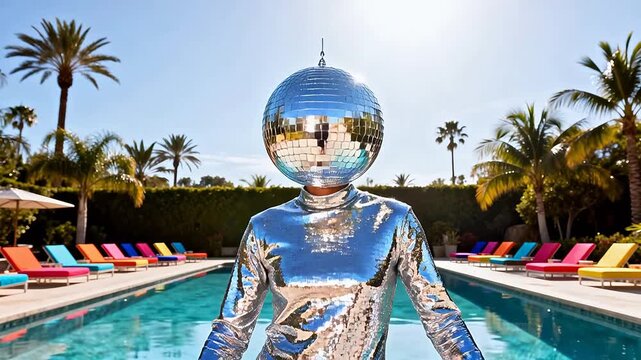 Person with disco ball head by pool