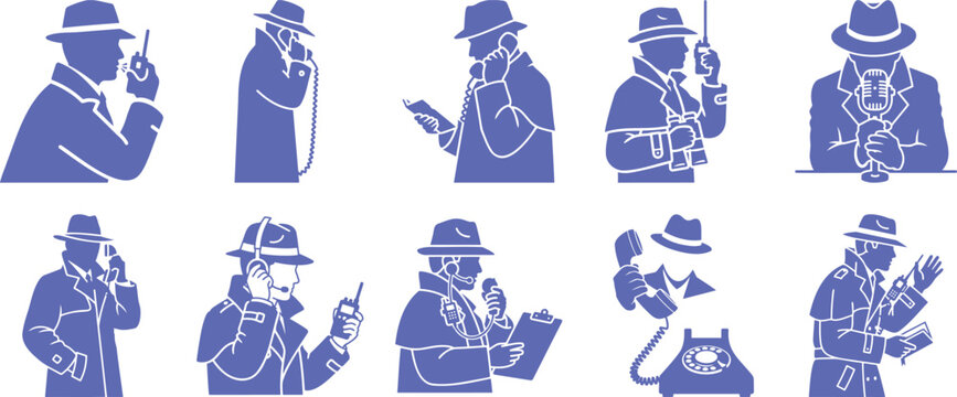 Detective secret agent communication investigation spy equipment vector icon set