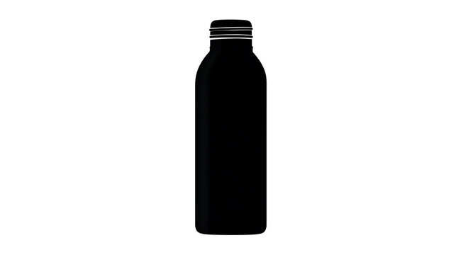 A sleek, minimalist bottle of liquid, showcasing elegant simplicity. The bottle features a dark, opaque body with a contrasting metallic cap