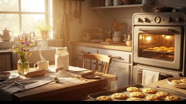 Warm and inviting kitchen scene with freshly baked cookies and a cozy atmosphere.