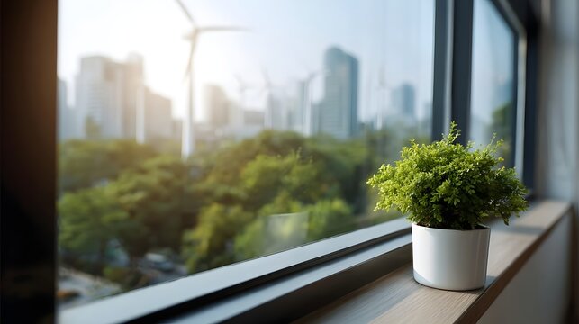 Potted plant on ill overlooks sunlit city skyline with wind turbines
