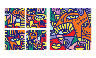 Obraz premium Abstract face geometric doodle with bold lines vector illustration. Minimalist cubism, decorative person face art print, wall paper and decoration design.