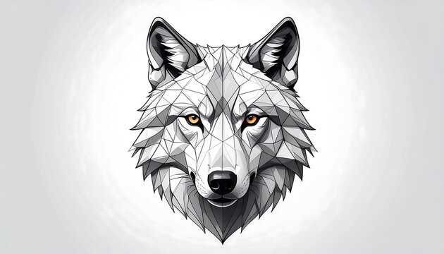 Polygonal wolf head illustration with bright yellow eyes, centered on a light grey abstract background