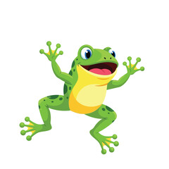Obraz premium Cheerful Green Frog Cartoon Leaping Illustration with Blue Eyes, Happy Amphibian Mascot Graphic Element