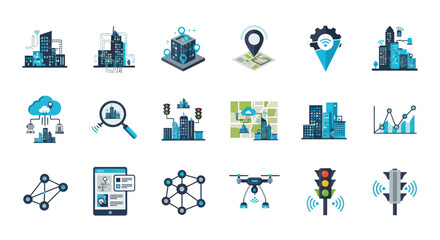Collection of Smart City Icons Representing Modern Technology and Data.