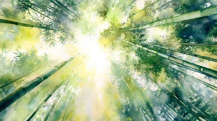 Obraz premium Serene watercolor bamboo forest canopy illustration evokes peaceful nature’s tranquil beauty
