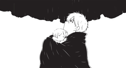 Vector illustration of a man holding a baby under an umbrella in the rain © Uttam