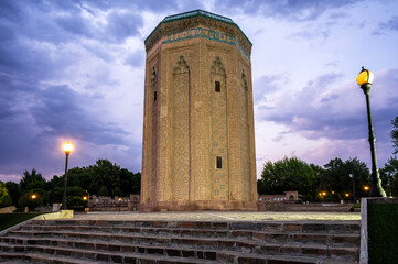 Momine Khatun Mausoleum standing tall during blue hour in Nakhchivan