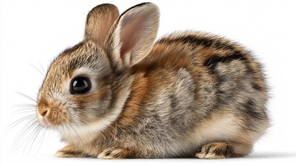Obraz premium Close-up of a brown baby rabbit with detailed fur texture on white background