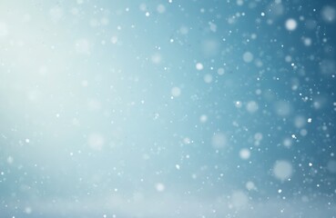Gentle snowfall outdoors against a clear blue sky. Soft white flakes drift down creating a serene winter atmosphere with bokeh lights effect.