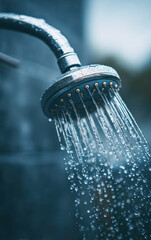 A close-up image of a metal showerhead releasing water droplets in an indoor setting with a blurred background.