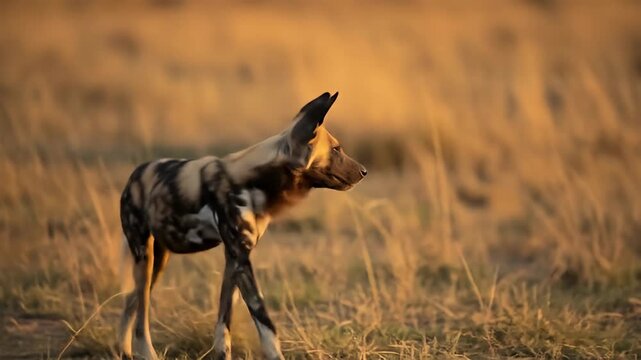 An African wild dog walks toward the camera in a golden grassy field at sunset