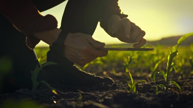 A modern farmer holding a wireless electronic tablet examines young corn sprouts in a lush field, efficiently entering data on the portable gadget's digital screen