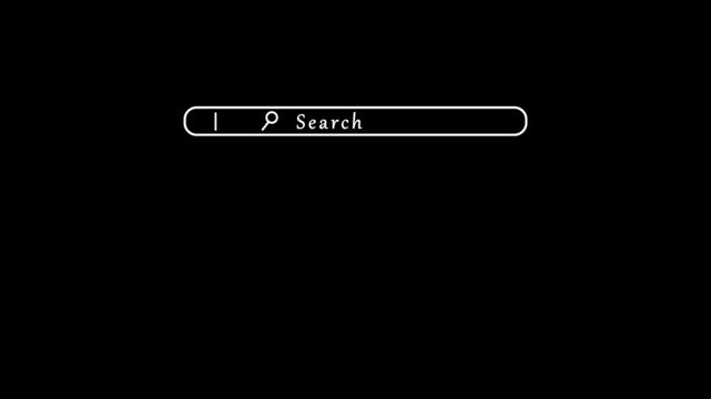 Search bar animation on black background with blue frame and blinking cursor for web interface design. Searching concept animation. Digital browsing tool online searching concepts.