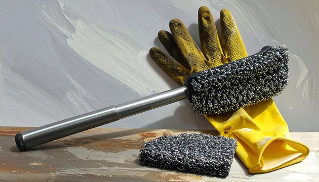 Tools for tough cleaning: Steel wool, brush and protective gloves on wooden surface