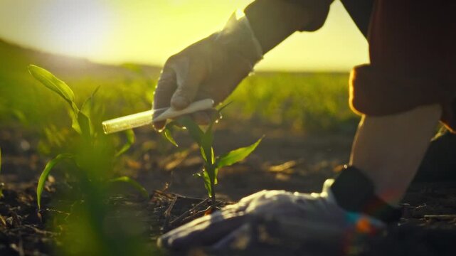Rural agricultural farmer meticulously adds fertilizer from small test tube to the fertile soil of expansive corn field, promoting healthy crop growth with precise agricultural chemicals application
