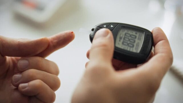 A man's hand grasps an electronic glucometer, using the medical device's screen to carefully monitor his diabetes health through precise blood sugar measurement