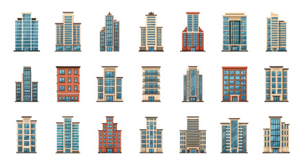 Collection of modern city buildings diverse skyscrapers office blocks and residential towers. © Rizal