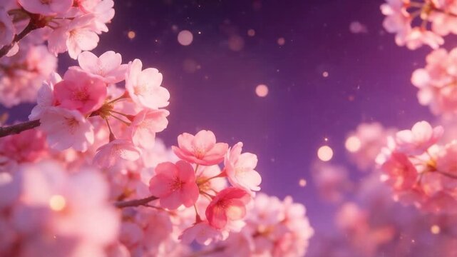Pink cherry blossom flowers blooming with a soft purple bokeh background, suitable for spring themes, nature concepts, floral design, beauty products, and gentle backdrops.