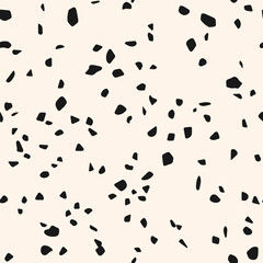 Black and white vector terrazzo floor texture. Minimalist seamless pattern with irregular cutout shapes, stones, confetti. Simple minimal organic background. Mosaic flooring surface. Repeating design