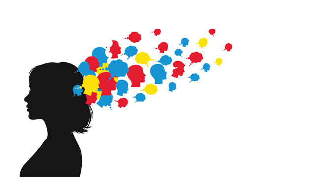 A black female head silhouette in profile has a stream of small, colorful head silhouettes, resembling speech bubbles, emerging from her mind against a plain white background.
