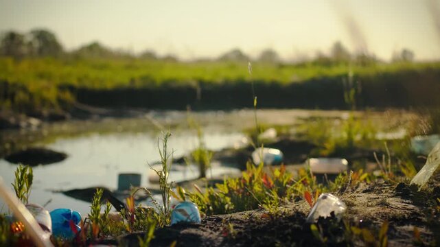 An eco-activist diligently collects and sorts plastic bottles and waste outdoors as part of a climate change mitigation effort, promoting recycling and proper disposal in the evening