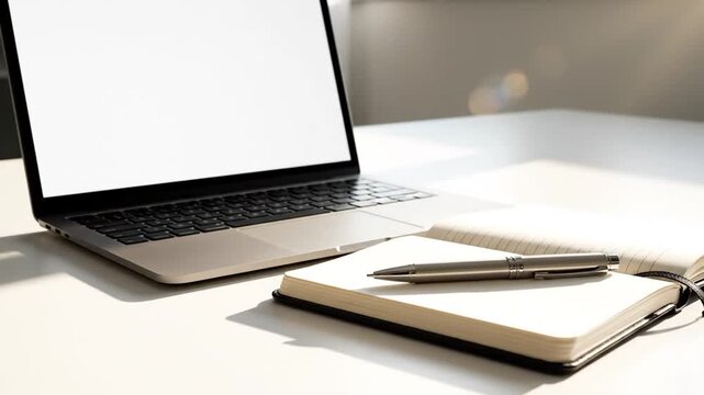 A laptop with a blank screen sits on a desk next to a notebook and pens in a well lit room indoors.